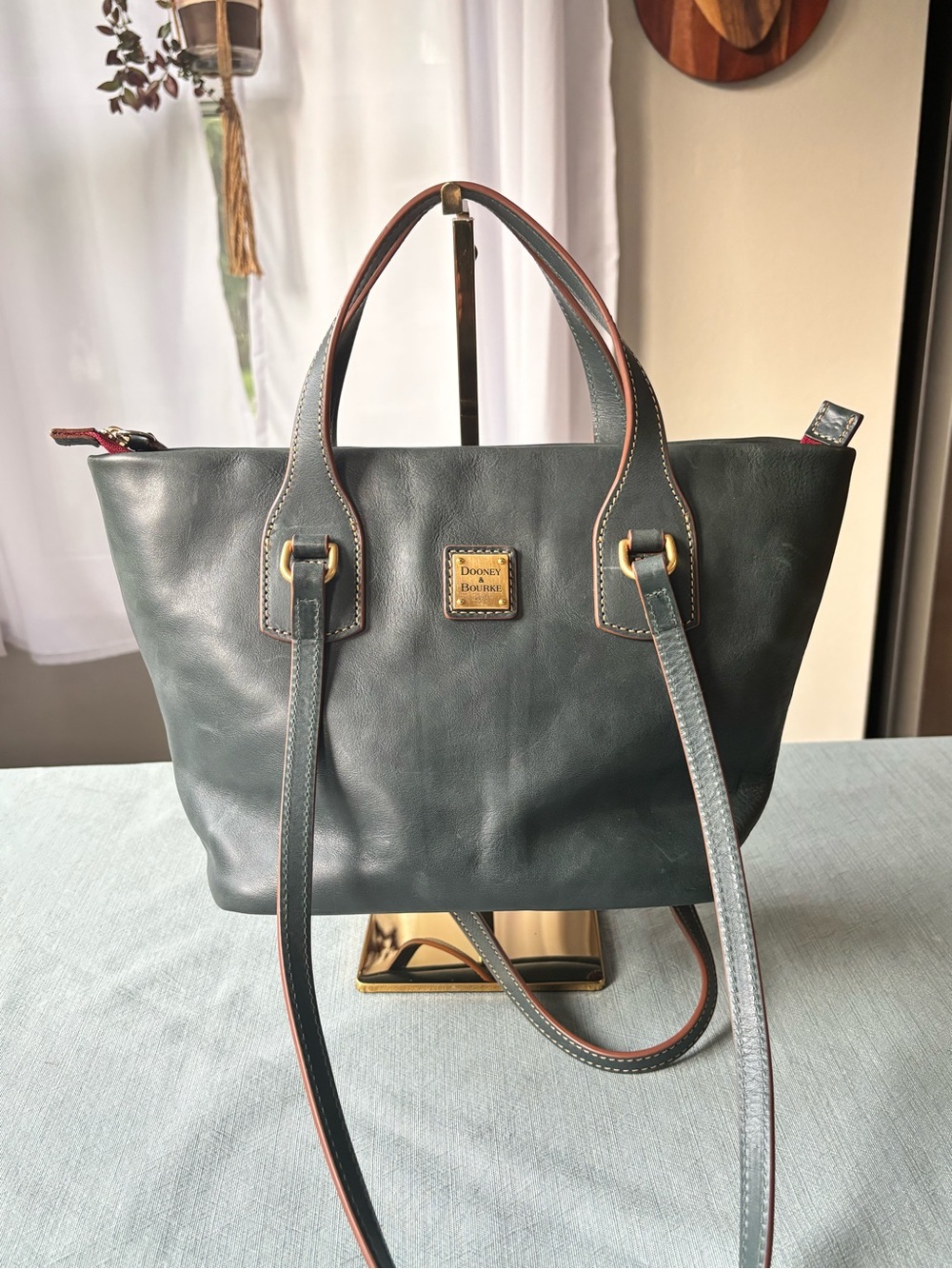 Dooney & Bourke Green Leather Leighton Tote with Brown Trim